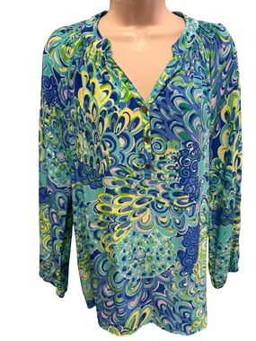 1591/ Lilly Pulitzer Elsa Silk Lilly’s Lagoon Long Sleeve Top Women’s Size Small
